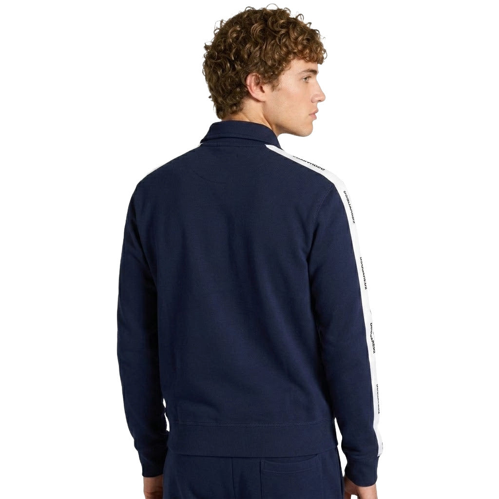 Dsquared2 – Logo Stripe blue zip-up sweatshirt – Back three-quarter view showing one white logo stripe