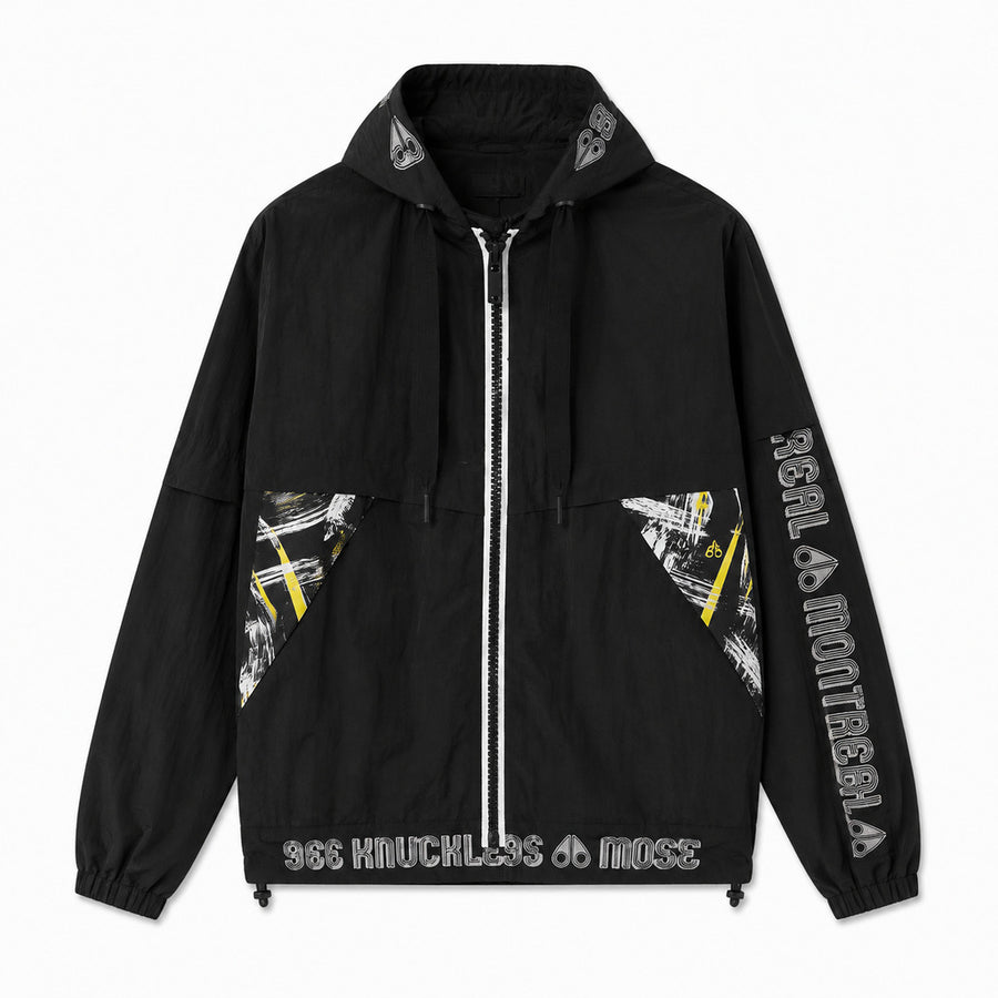 Moose Knuckles – black hooded windbreaker – front flat view with graphic pockets and lettering