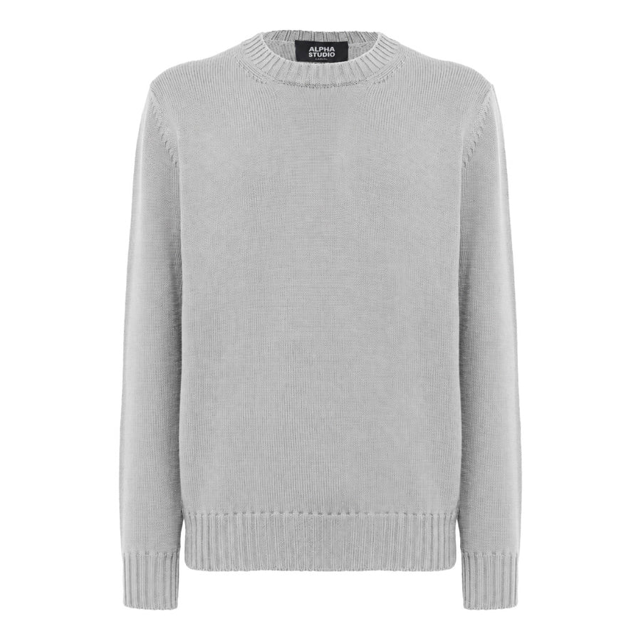 Alpha Studio – Nuvola cashmere crew-neck sweater – front view in grey with ribbed trims