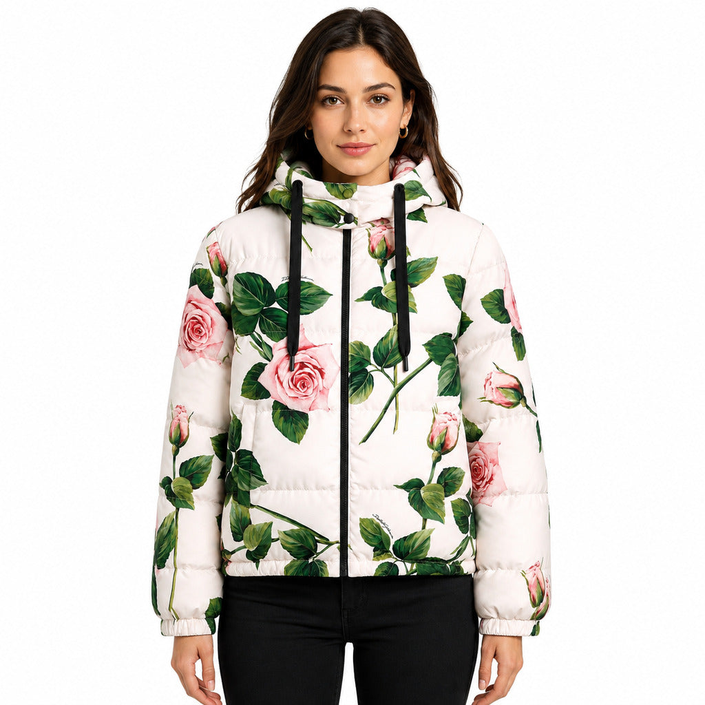 Dolce & Gabbana – white floral padded jacket with hood – model wearing it from the front