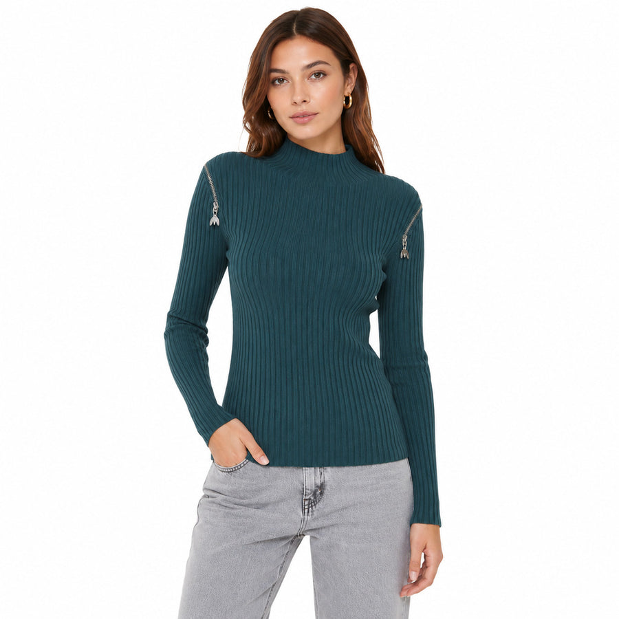 Patrizia Pepe – green ribbed high-neck sweater – front view with shoulder zippers