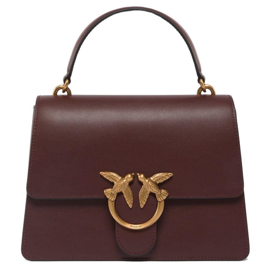 Pinko – Love One top-handle handbag in burgundy – front view with gold bird clasp