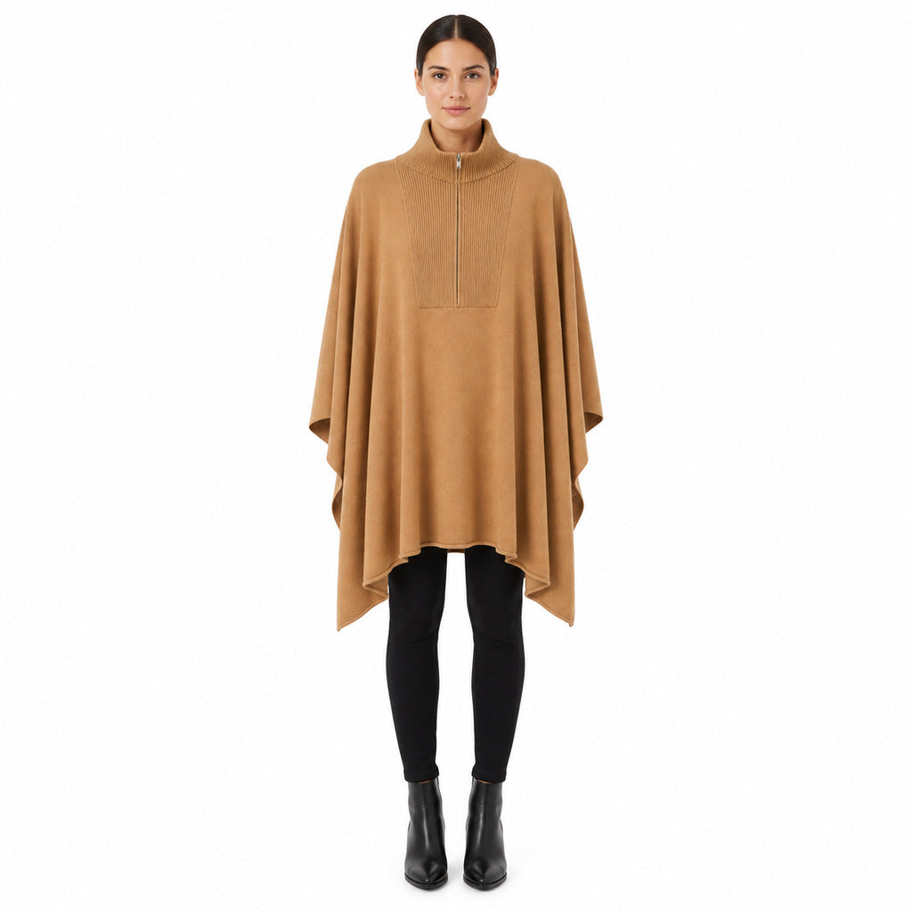 Alpha Studio – camel zip-neck poncho – model wearing it, full-length front view