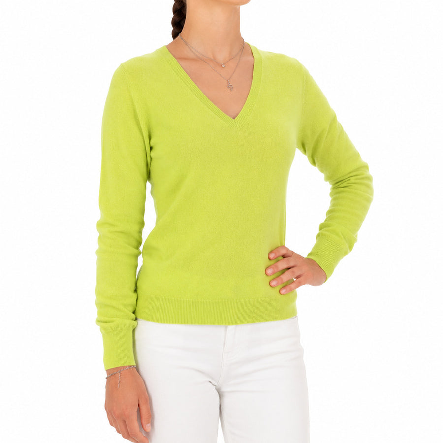 Emilio Romanelli – yellow cashmere V-neck sweater – front view worn by model