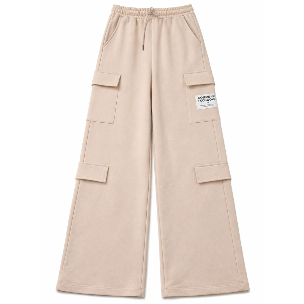 Comme Des Fuckdown – beige cargo trousers with wide legs – front flat packshot with drawstring and label