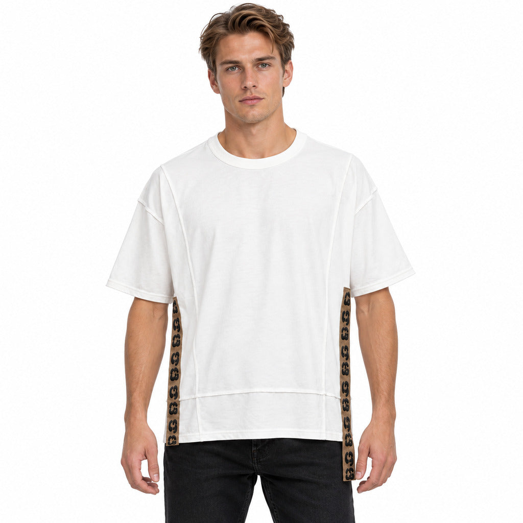 Dolce & Gabbana – White crew-neck T-shirt with logo side stripes – worn by a model, front view