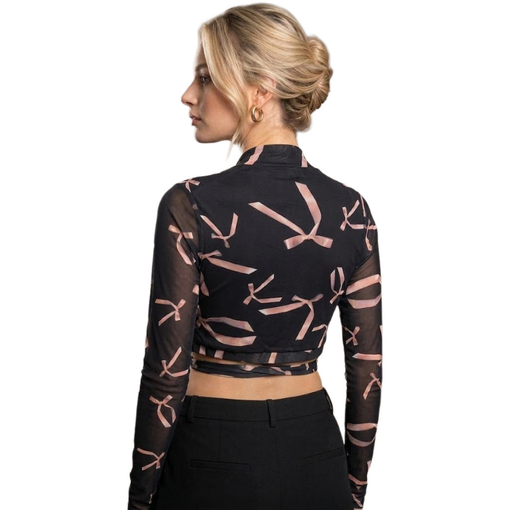 Pinko – Urtare black sheer long-sleeve crop top – back view with patterned sleeves