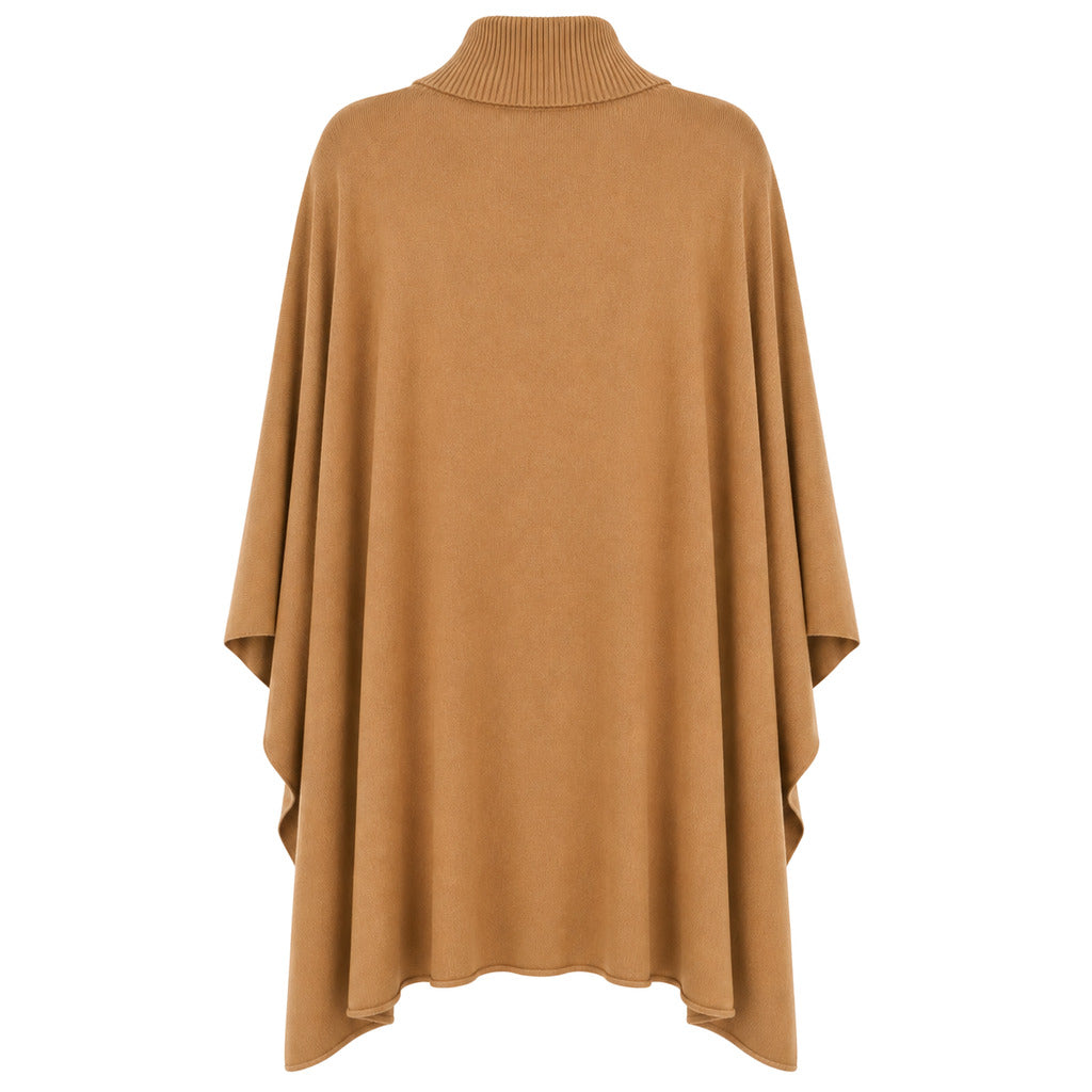 Alpha Studio – camel zip-neck poncho – rear packshot showing draped back and ribbed collar