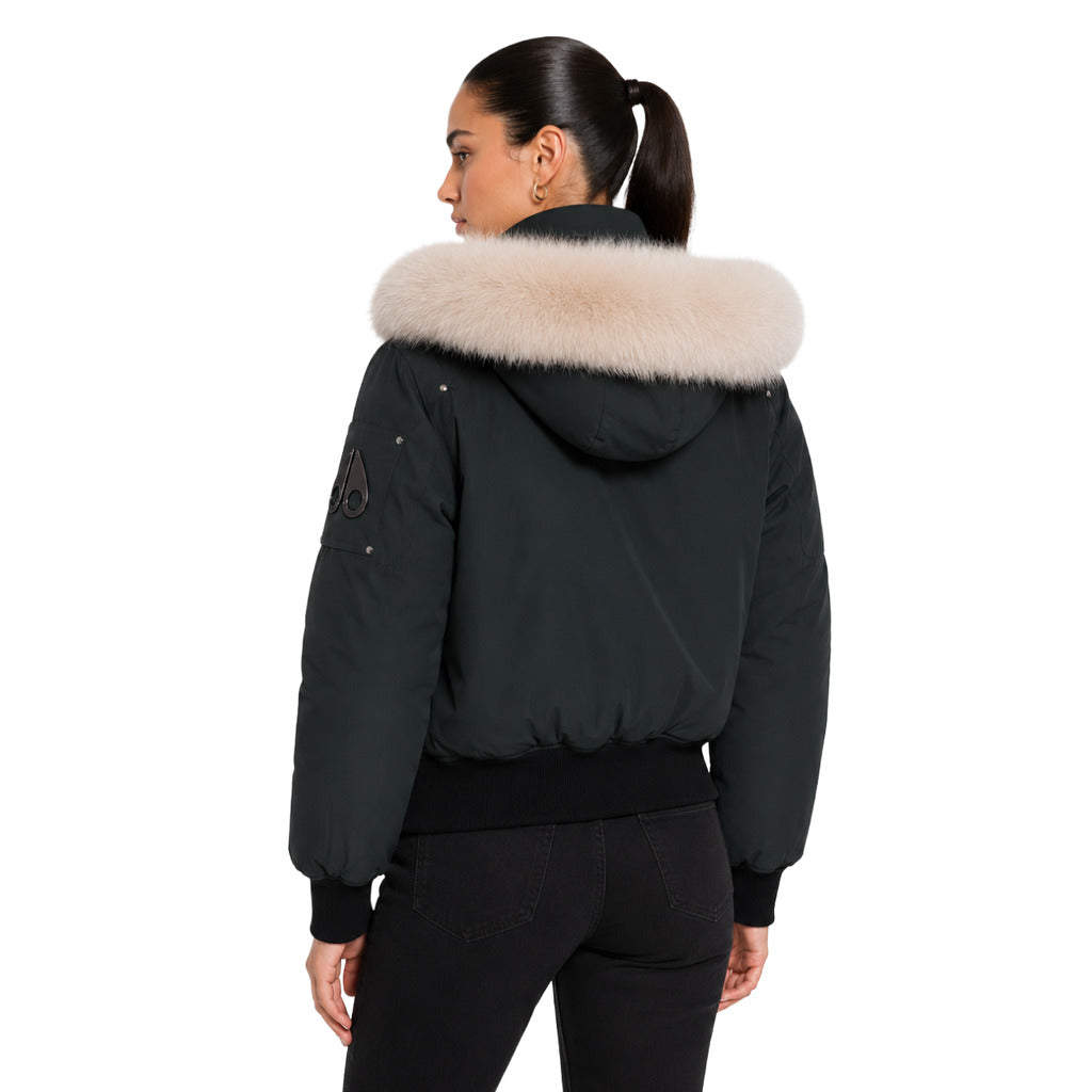 Moose Knuckles – grey bomber jacket with fluffy hood trim – back view on model
