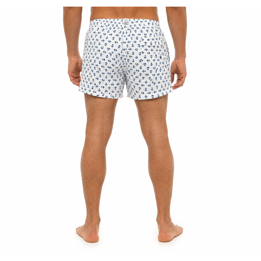 Yes Zee – white anchor-print polyester Bermuda shorts – back view worn by model