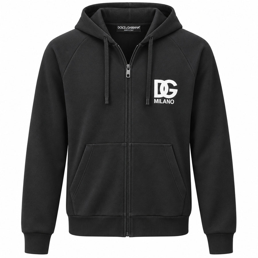 Dolce & Gabbana – black hooded sweatshirt – front flat lay with zip and chest logo