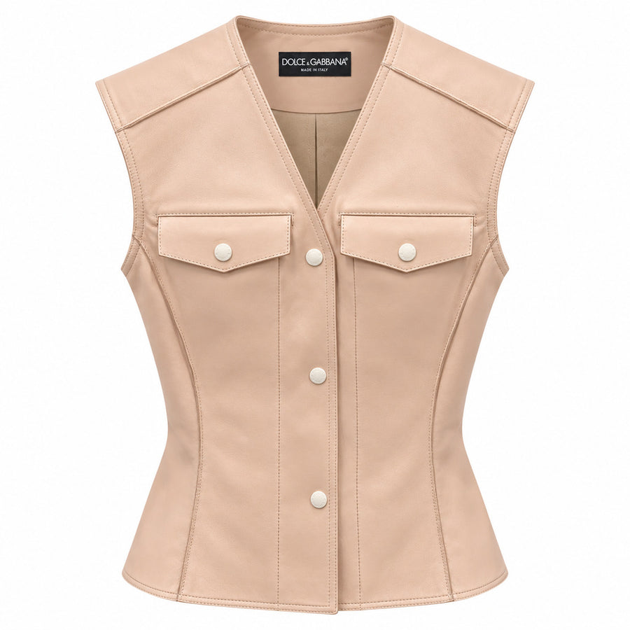 Dolce & Gabbana – beige leather vest – front flat lay with buttons and flap pockets