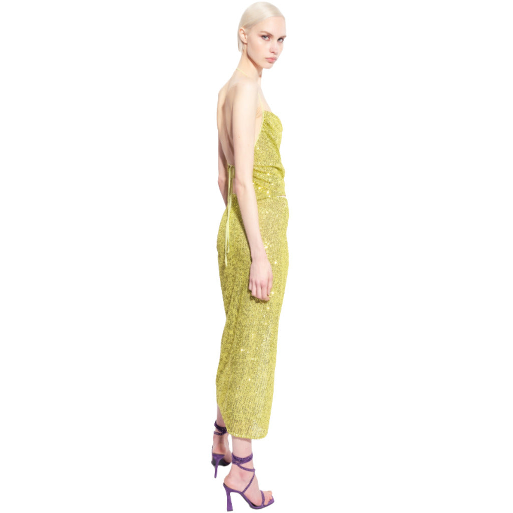 Pinko – green sequin skirt – side profile worn by model showing full length