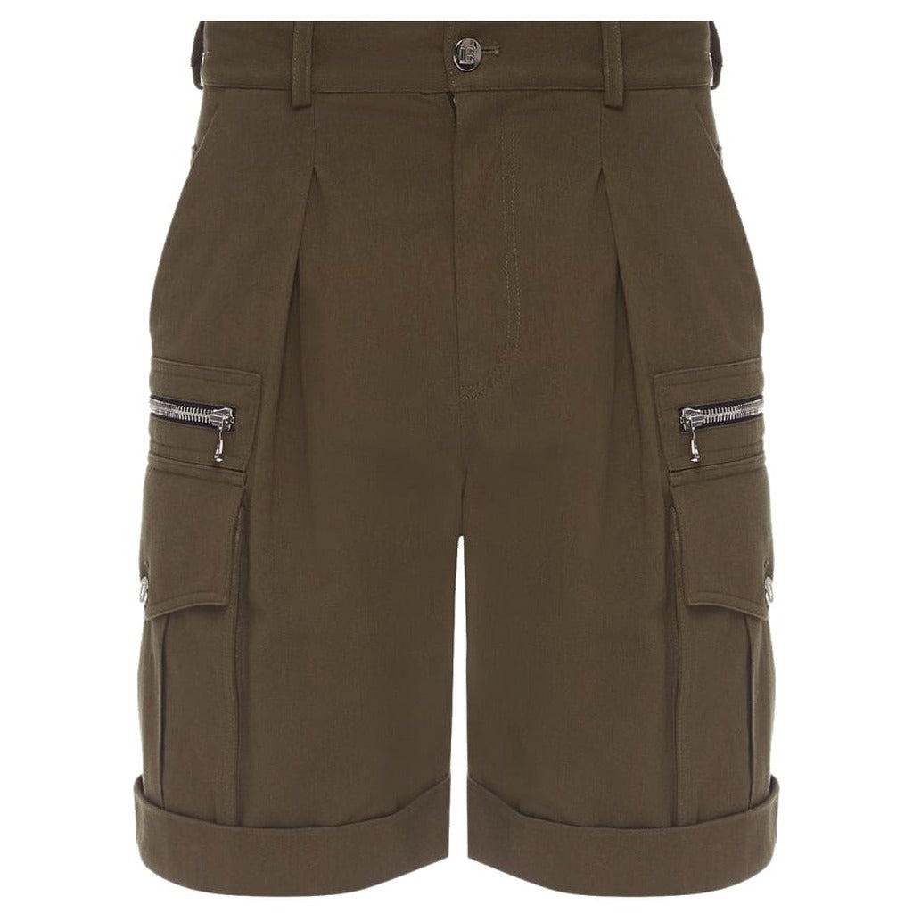Balmain – military green cotton cargo shorts – front flat lay with zip pockets