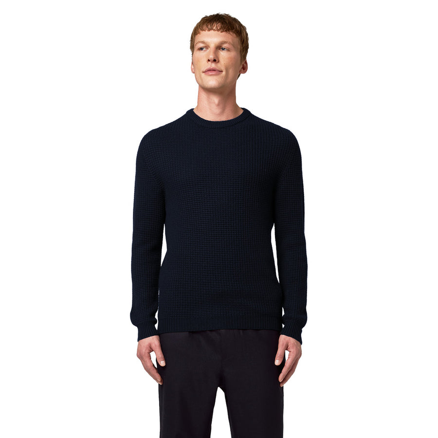 Alpha Studio – blue merino wool crew neck sweater – textured knit visible in front view