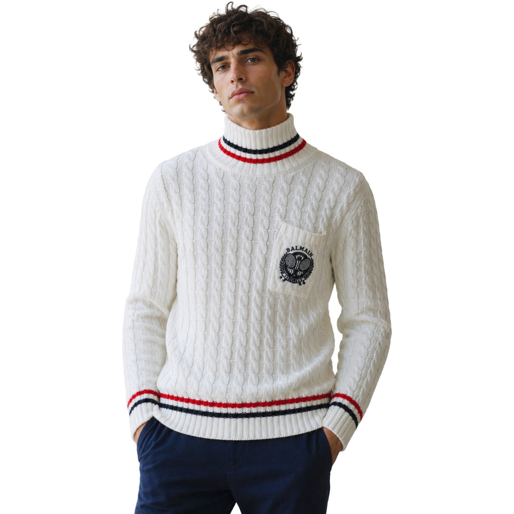 Balmain – White cable-knit turtleneck sweater – Front view worn by model