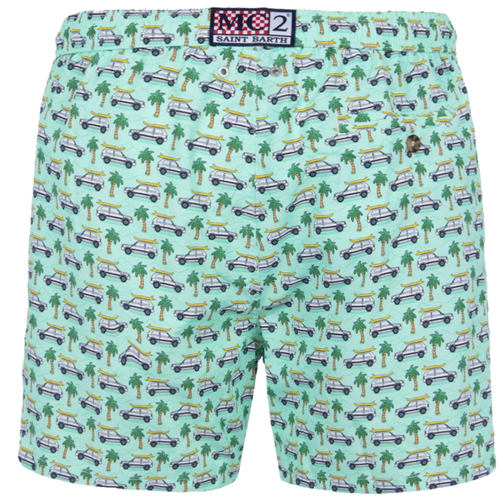 Mc2 Saint Barth – green printed swim trunks – back flat lay showing waistband label