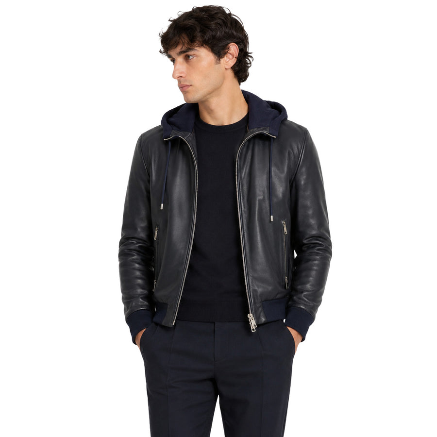 Dolce & Gabbana – blue hooded leather jacket – front view worn by model