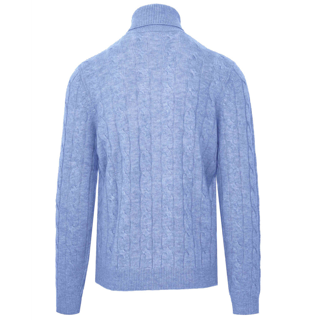 Malo – Dolcevita Cable Turtleneck Sweater in Ice Blue – back view, pale blue cable knit