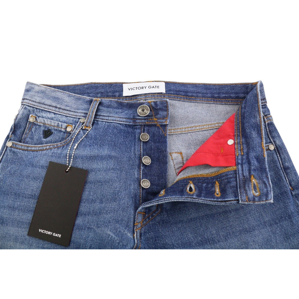 Victory Gate – medium-wash slim-fit jeans – open waistband showing button fly and red lining