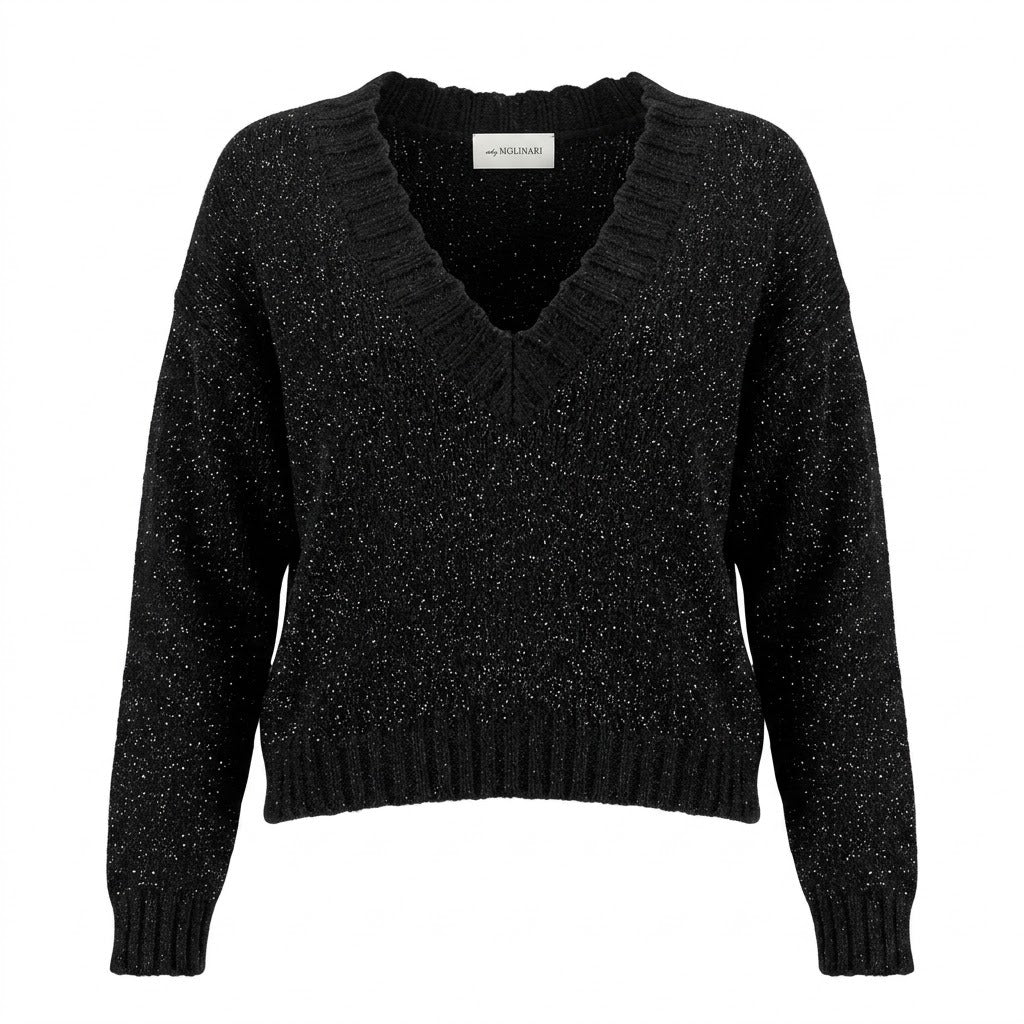 Anna Molinari – black bouclé V-neck sweater – front view with label visible