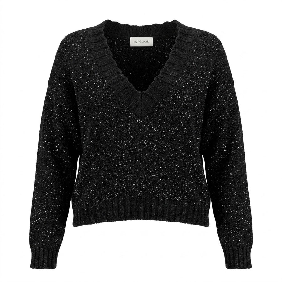 Anna Molinari – black bouclé V-neck sweater – front view with label visible