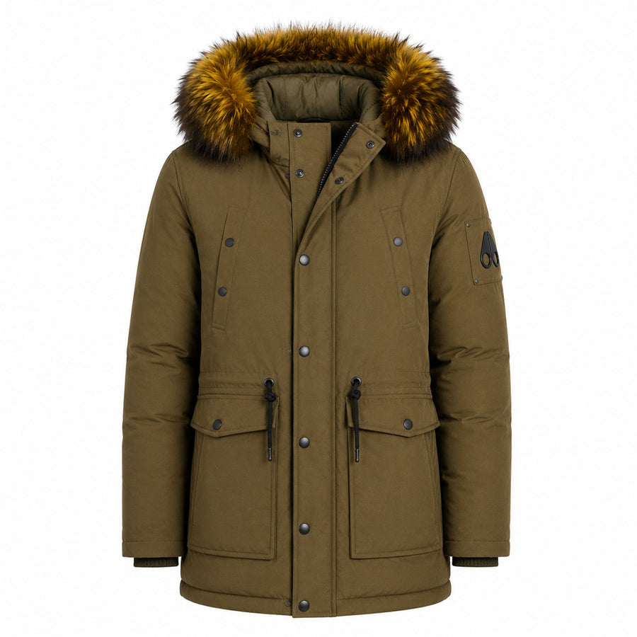 Moose Knuckles – green long hooded jacket – front view, brown fur-trimmed hood and flap pockets