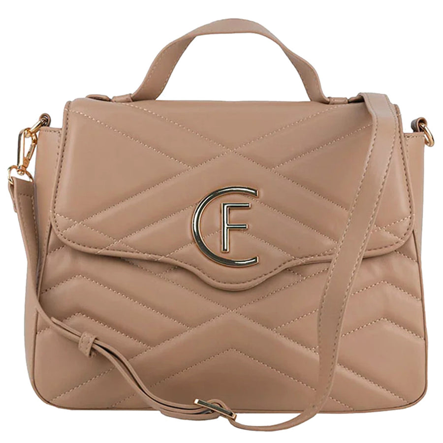Cristina Effe – Janet Quilted Faux Leather Shoulder Bag – front beige view with strap
