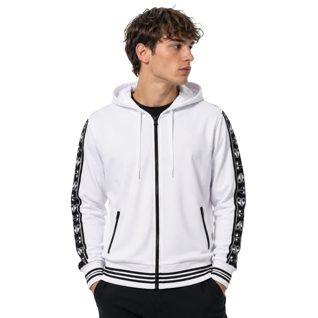 Moose Knuckles – Track Bomb white zip-up hooded sweatshirt – worn by model, front view
