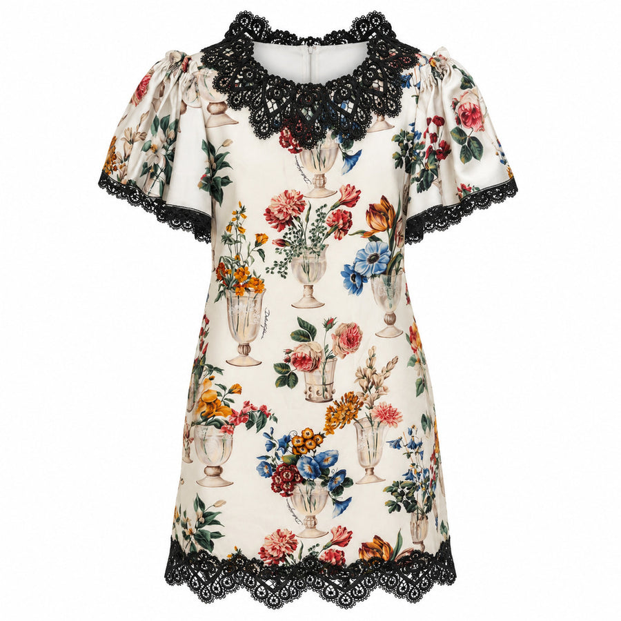 Dolce & Gabbana – white floral-print dress with black lace trim – front flat lay