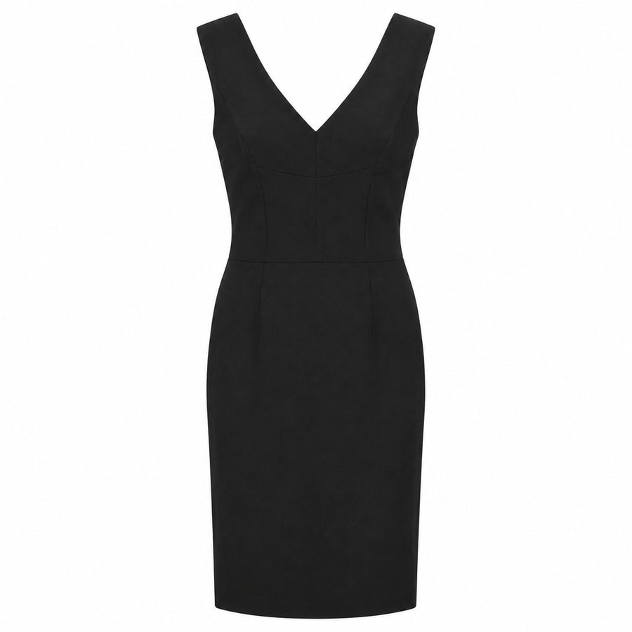Dolce & Gabbana – black wool-blend dress – front flat lay with deep V neckline