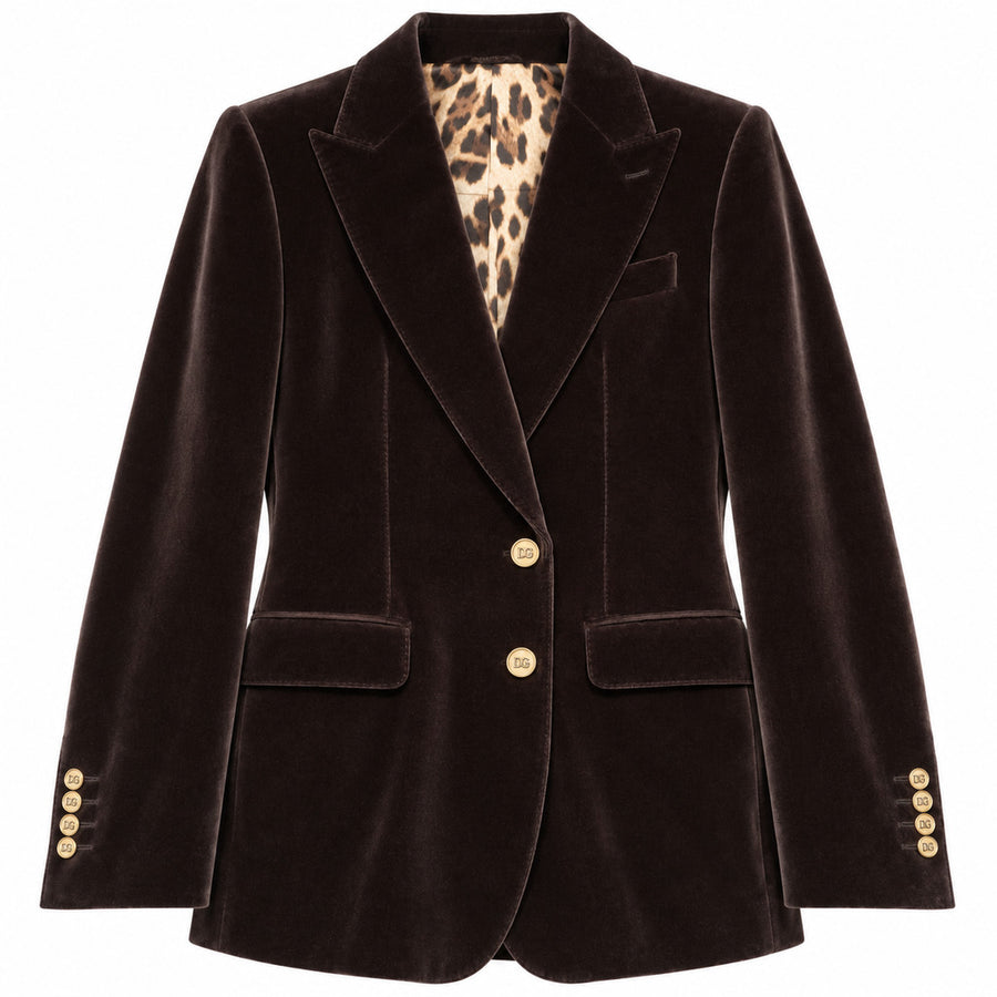 Dolce & Gabbana – brown velvet formal jacket – front view with leopard-print lining