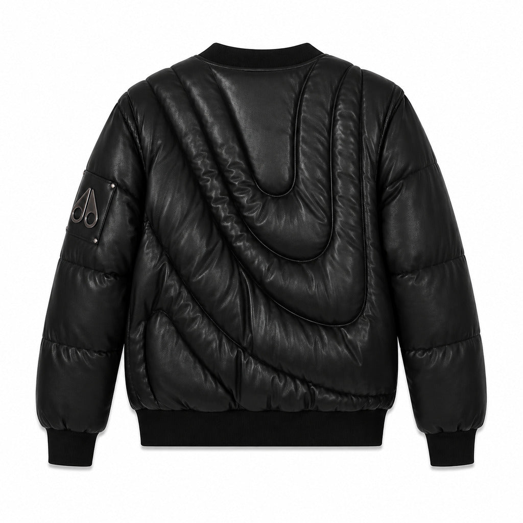 Moose Knuckles – black padded jacket – back view showing curved quilting and sleeve patch