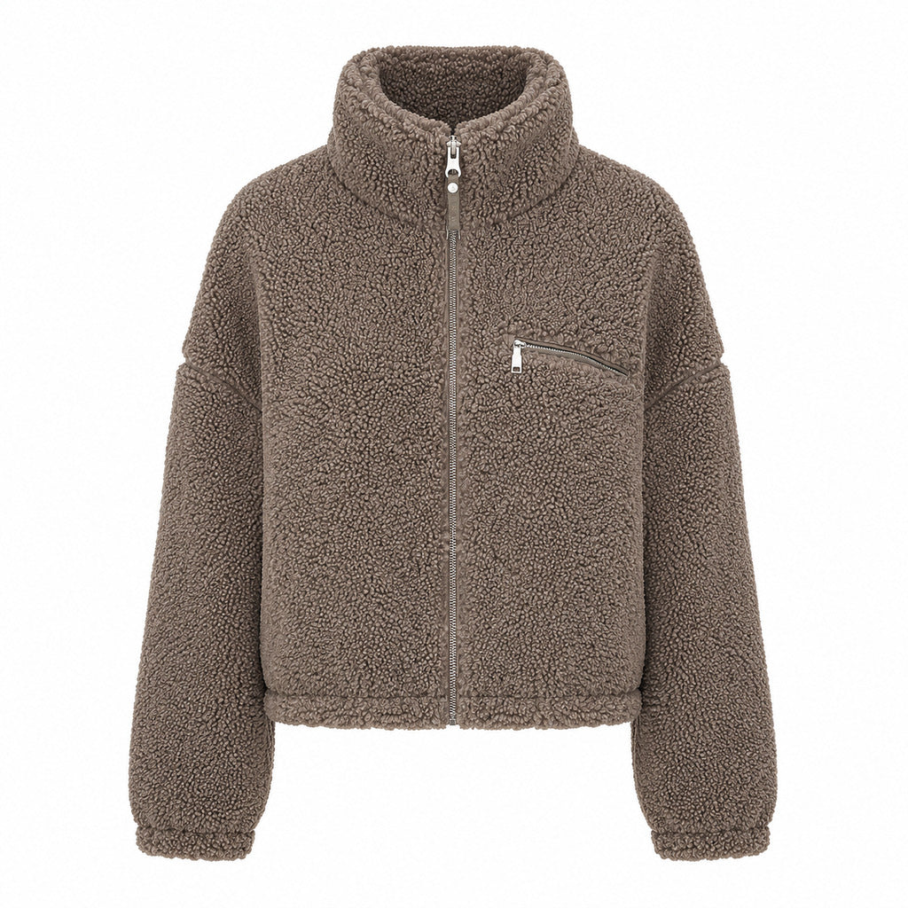Parajumpers – Honka taupe teddy-texture zip-up jacket – front packshot with chest pocket