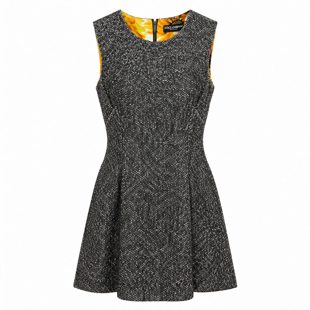 Dolce & Gabbana – grey tweed sleeveless fit-and-flare dress – front packshot with patterned lining visible