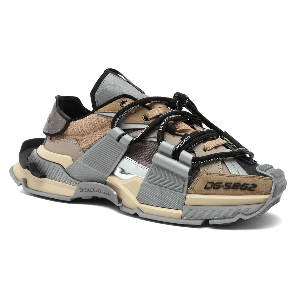 Dolce & Gabbana – grey fabric low-top sneakers – front view with textured panels and metallic details