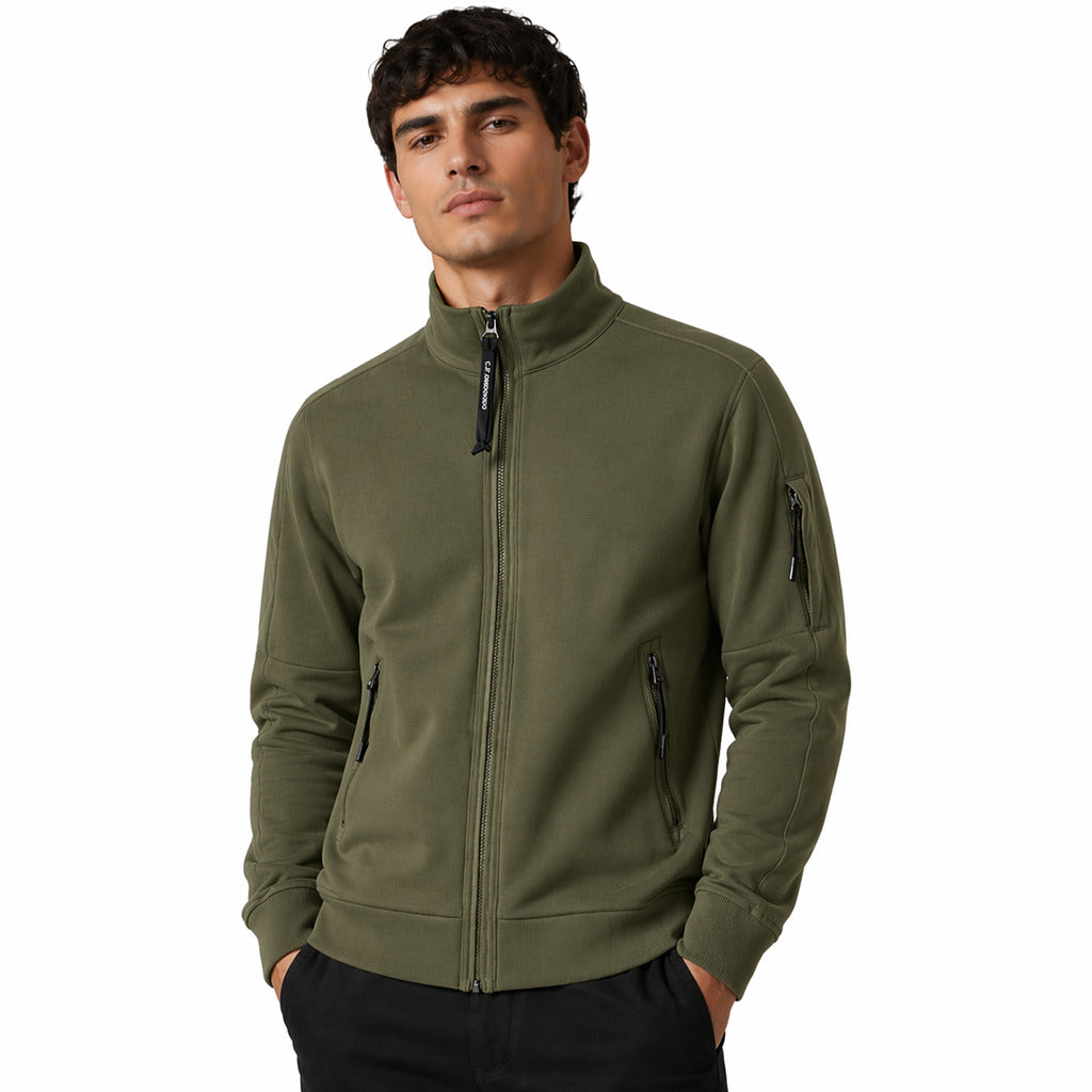 C.P. Company – olive green zip sweatshirt with stand collar – front view