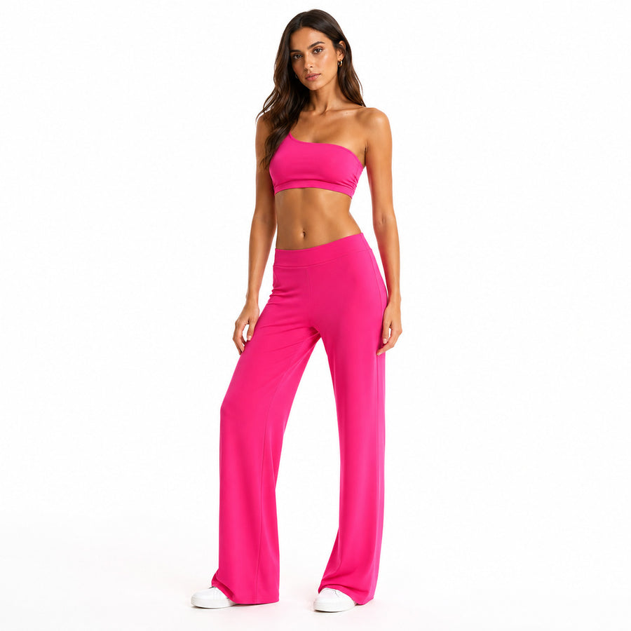 Pinko – Porfiria fuchsia wide-leg trousers – Front view with matching one-shoulder crop top