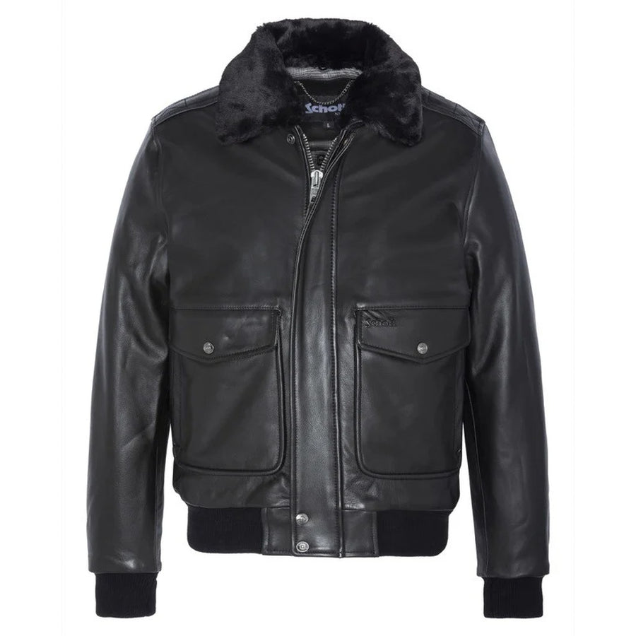 Schott Nyc – VINTAGE FLIGHT JACKET black – front view with black fur collar, pockets and cuffs