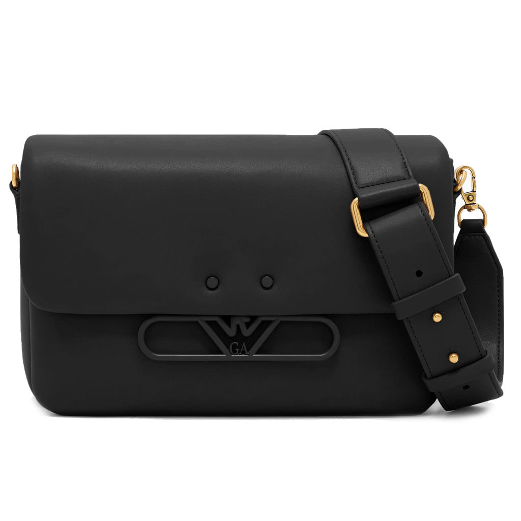 Emporio Armani – soft calfskin shoulder bag in black – front view with shoulder strap