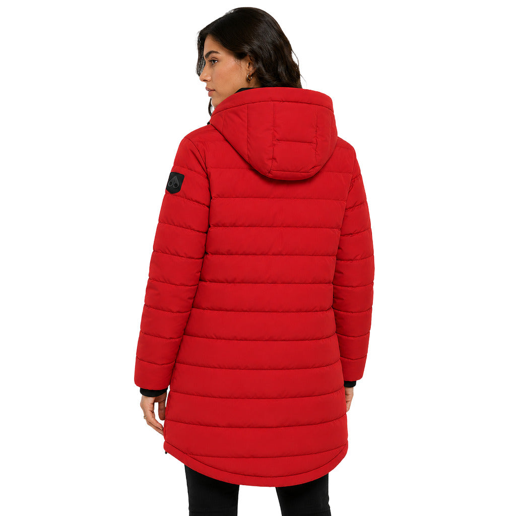 Moose Knuckles – Rockclif red hooded long down jacket – model showing back and side
