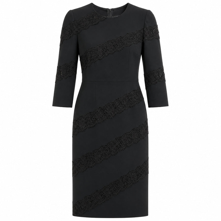 Dolce & Gabbana – black long-sleeved lace dress – front flat packshot with diagonal lace panels