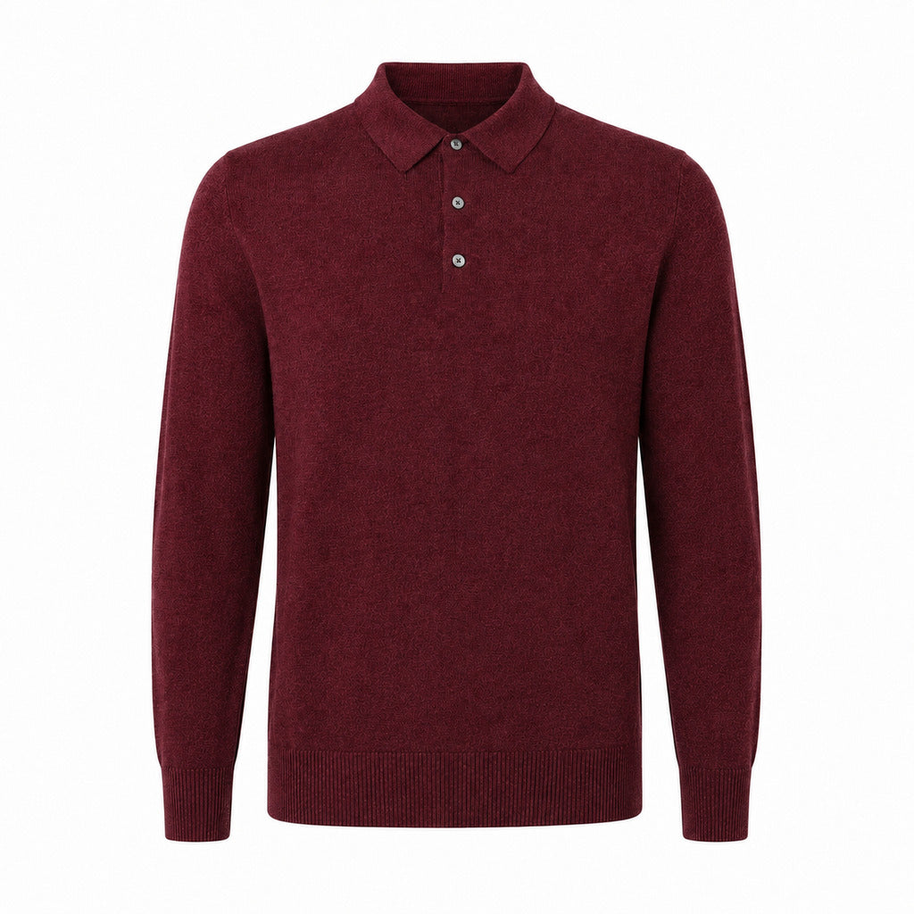 Alpha Studio – red merino wool polo sweater – front packshot with ribbed cuffs