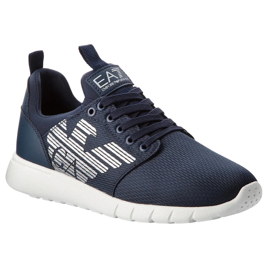 Emporio Armani – navy blue canvas sneakers – angled view with striped side logo and white sole