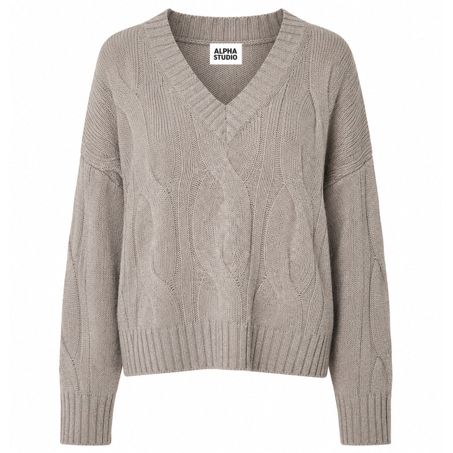 Alpha Studio – beige cashmere V-neck sweater – front view with ribbed cuffs