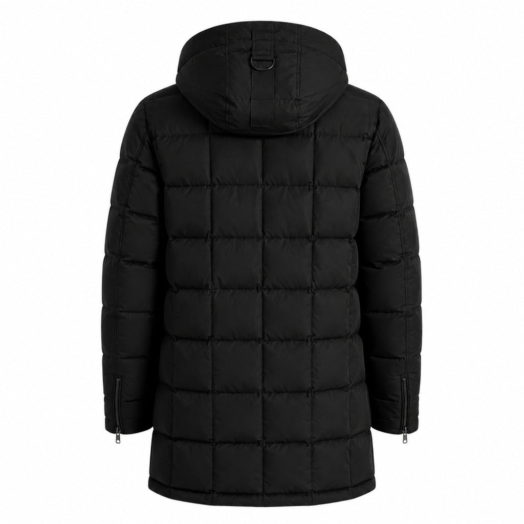 Moose Knuckles – black quilted jacket with hood – back packshot showing square quilting