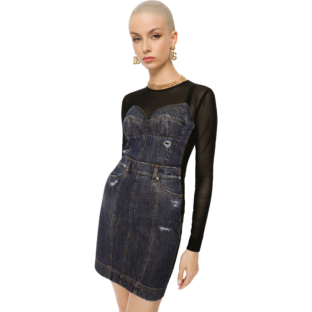 Dolce & Gabbana – patchwork denim short dress – front three-quarter view on model