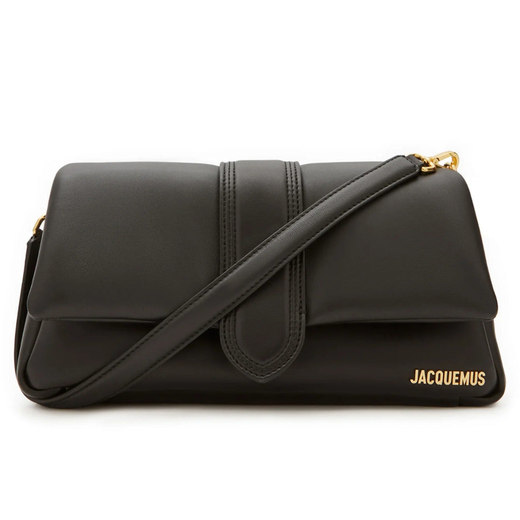 Jacquemus – Le Bambimou black shoulder bag – front view with diagonal strap and gold logo