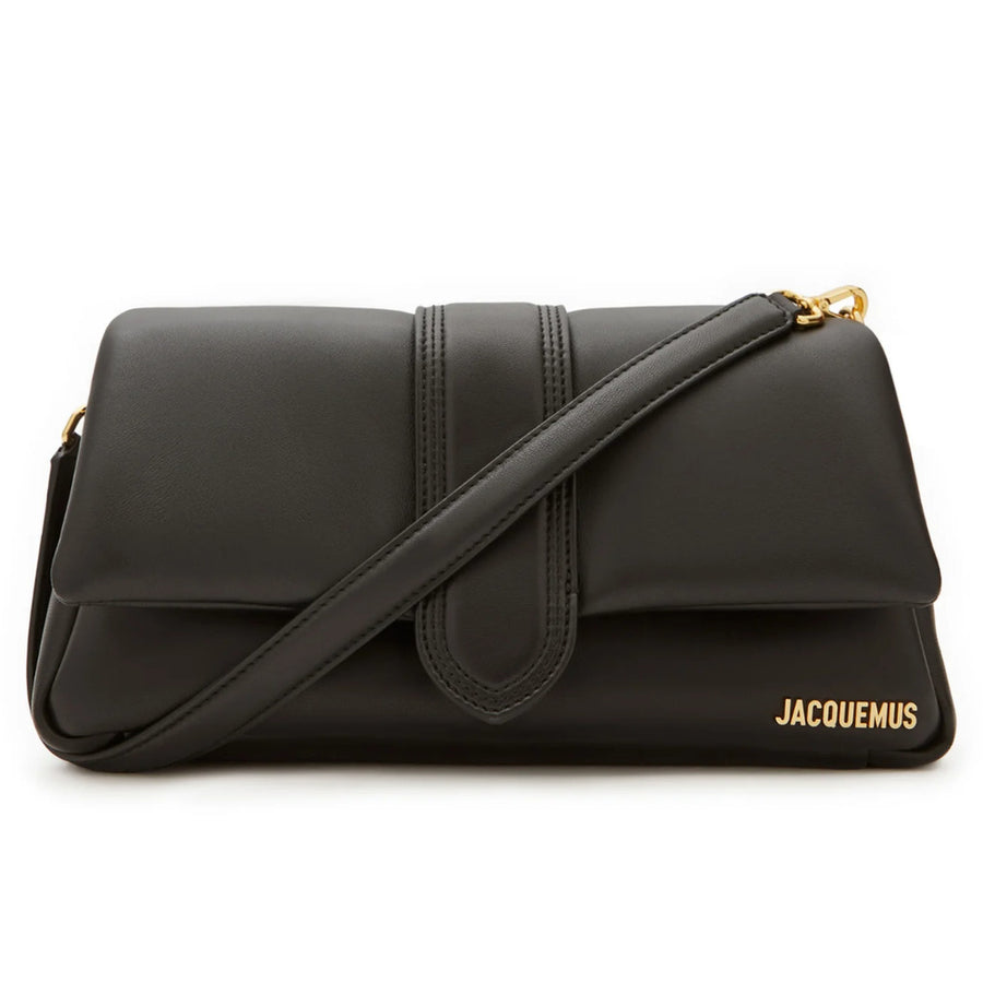 Jacquemus – Le Bambimou black shoulder bag – front view with diagonal strap and gold logo