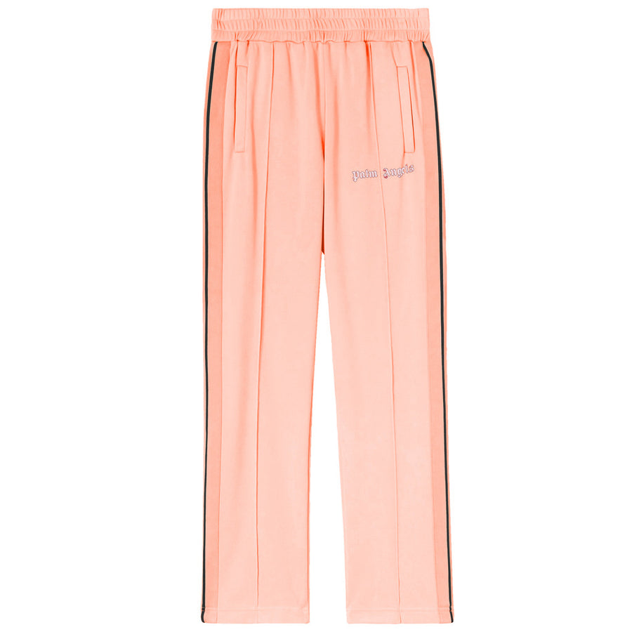 Palm Angels – Track Pants – Neon salmon pink front flat packshot with side stripes